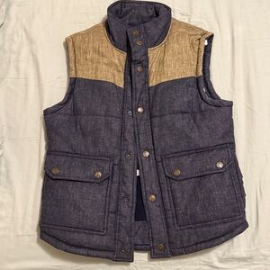 Kane & Unke Vest M Mens Blue Tan Colorblock Linen Blend Snap Front Puffer